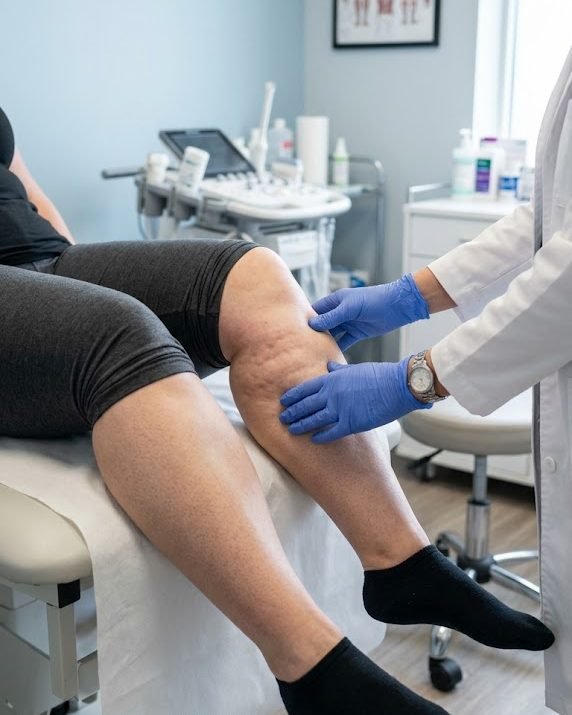 Avaliação clínica das pernas de uma paciente para diagnóstico de lipedema